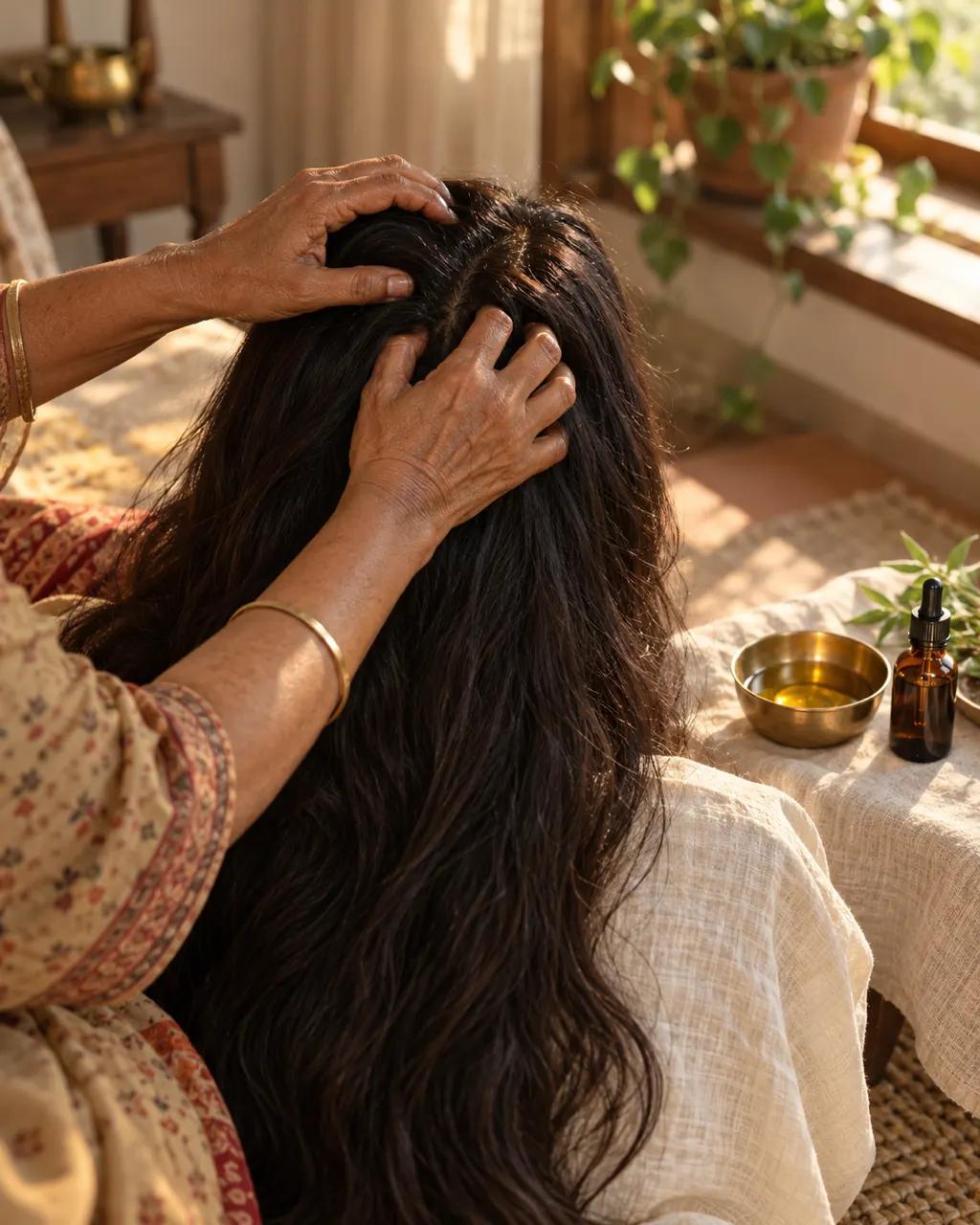 An older woman's hands massaging oil into a younger woman's long dark hair, a brass bowl of oil and an amber dropper bottle beside them