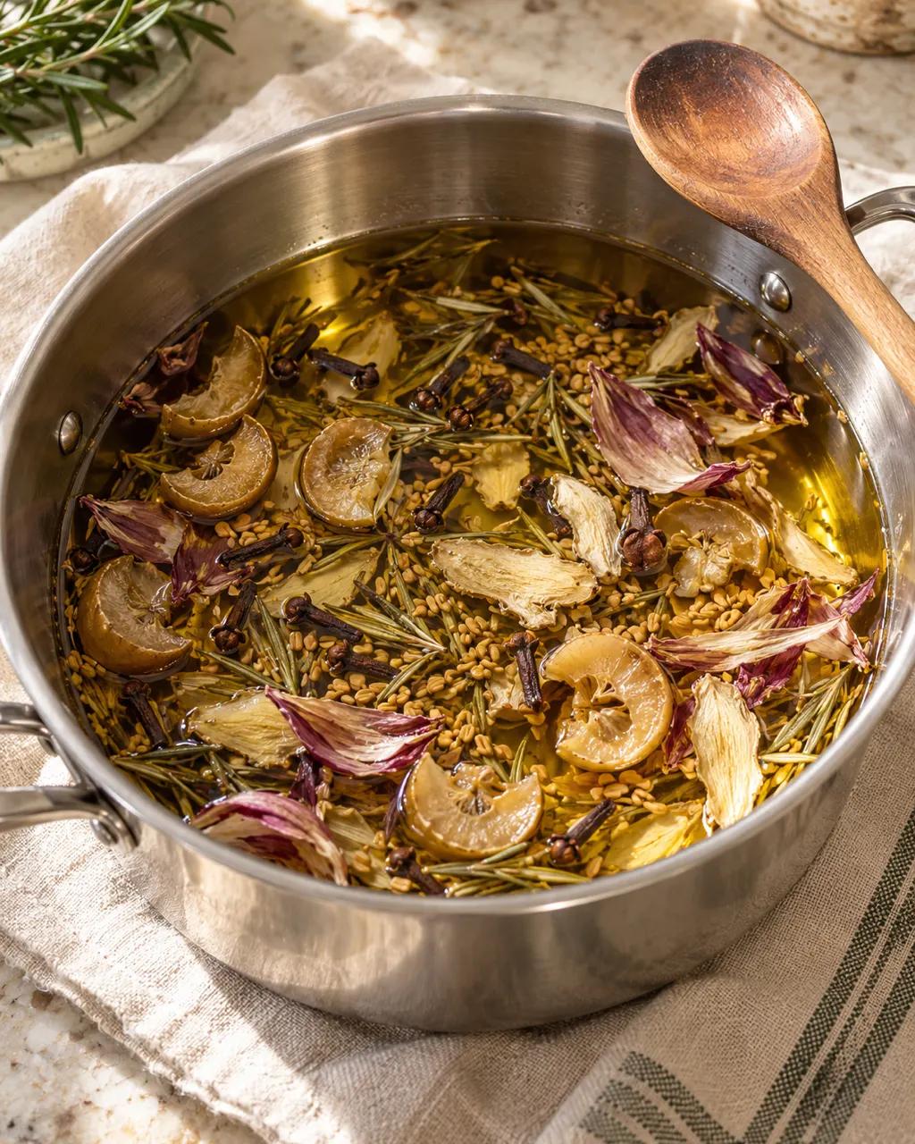 Dried amla, cloves, fenugreek, rosemary, onion and ginger steeping in a pot of warm golden oil