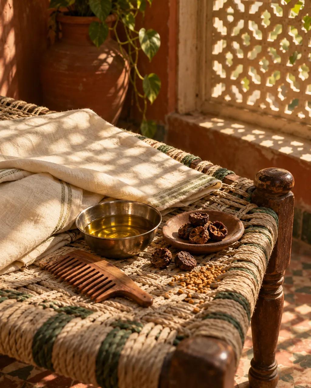 Afternoon light through a carved jaali window falls on a rope charpai, a cotton cloth, a bowl of oil and a wooden comb