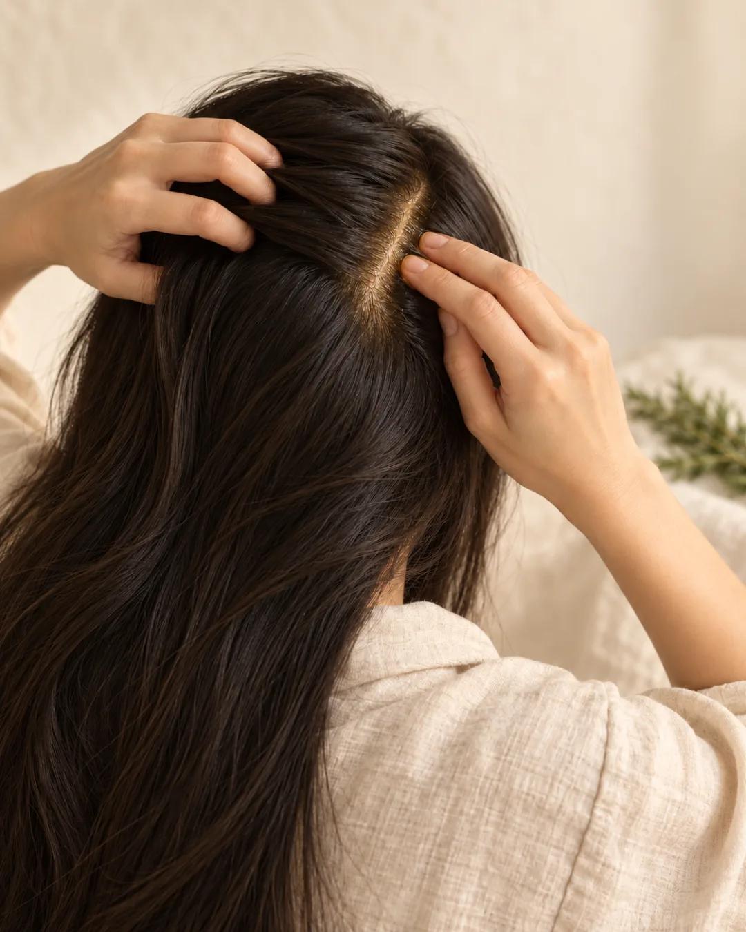 A woman seen from behind in a linen robe works golden oil into the parting of her long dark hair with her fingertips