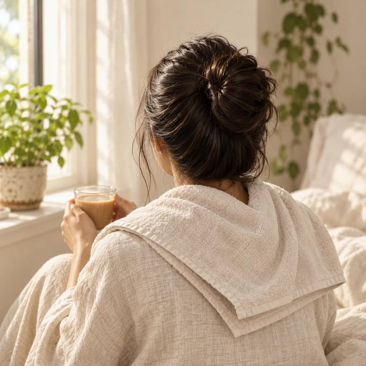Seen from behind, a woman with her oiled hair in a loose bun and a towel over her shoulders holds a cup of chai by the window
