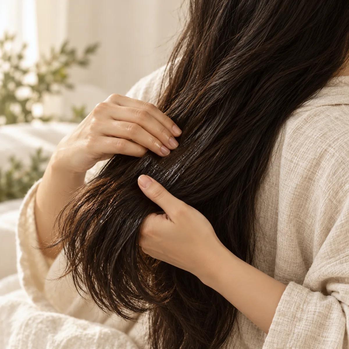 Seen from behind, a woman smooths golden oil through the dry lengths of her long dark hair